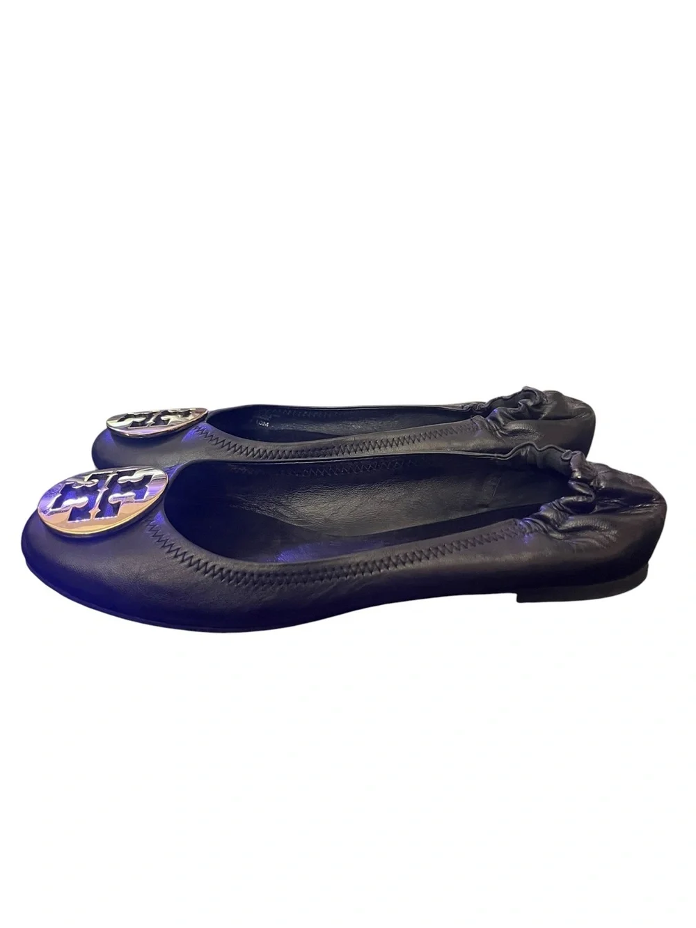 Tory Burch Black Leather Ballet Flats with Gold Logo